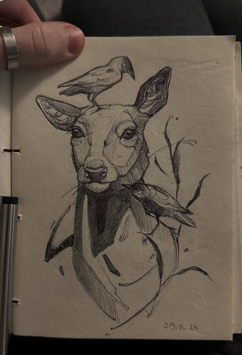 Original tattoo design — sketch of a deer with a crow perched on its head — tattoo design Barcelona