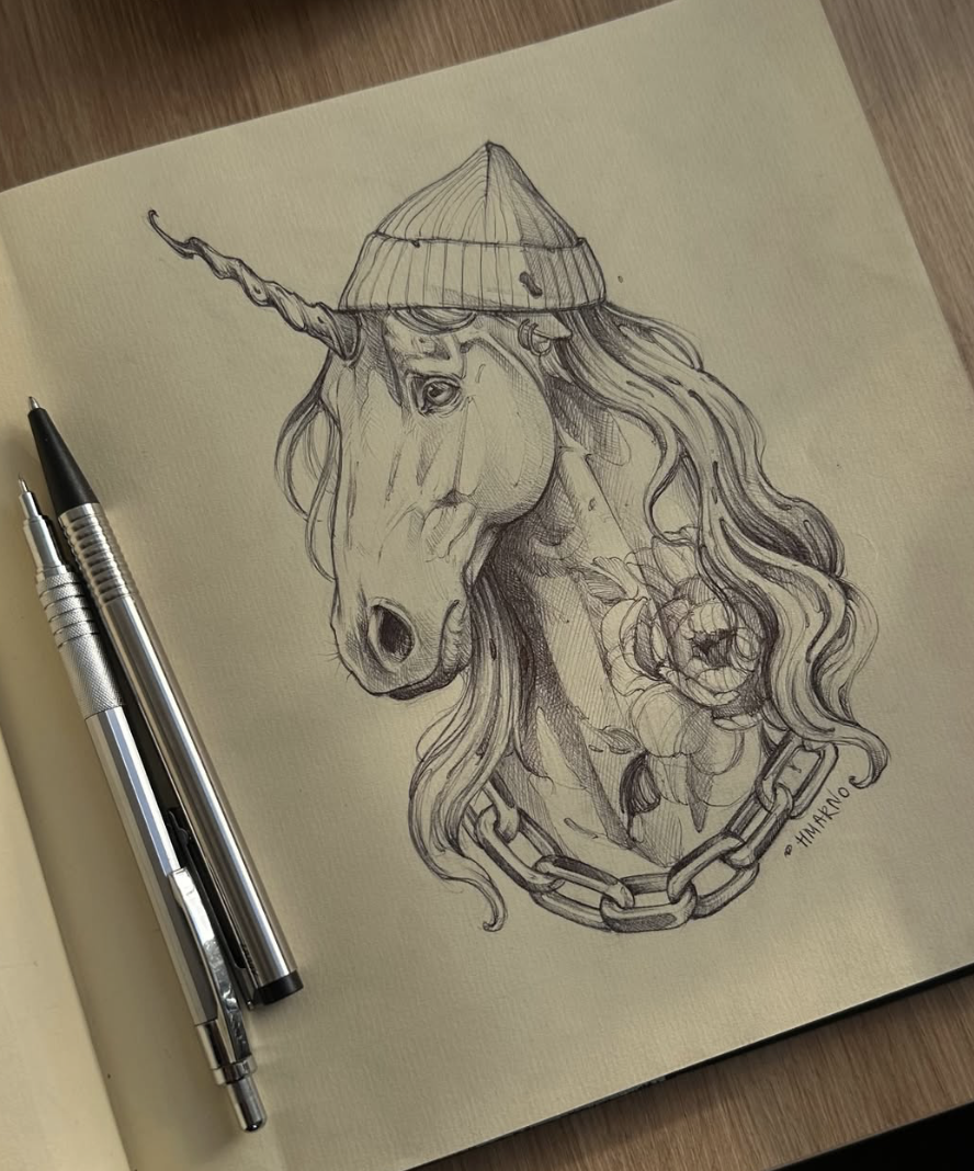 Original tattoo design — sketch of a unicorn head wearing a beanie hat with chain — tattoo design Barcelona