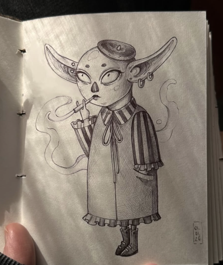 Original tattoo design — ink sketch of a fantasy alien creature smoking in a dress — tattoo design Barcelona